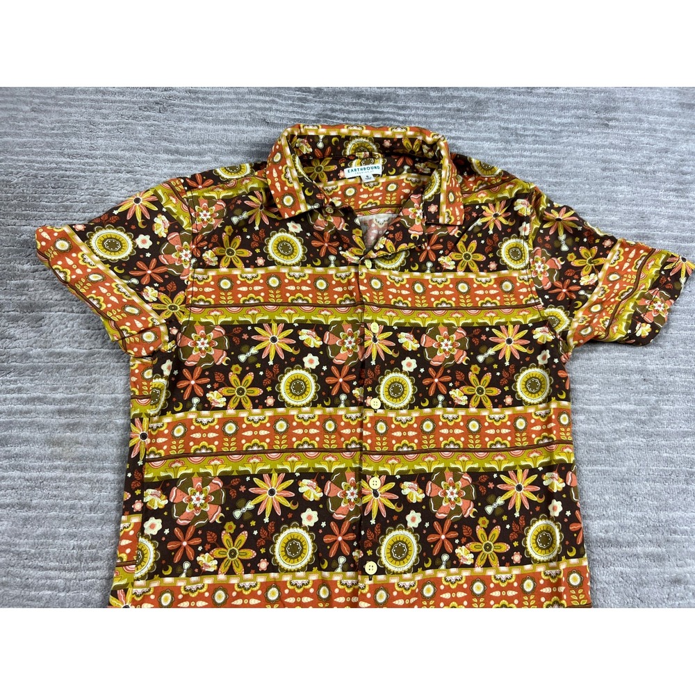 Earthbound Trading Co Shirt Mens Small Brown Floral 70s Retro Rayon Button Down - Picture 2 of 12